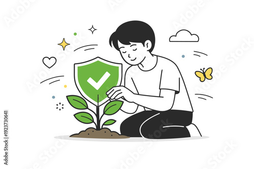 Natural immunity growth concept. An editorial illustration of a person gently caring for a shield-shaped plant, symbolizing long-term immune strength and