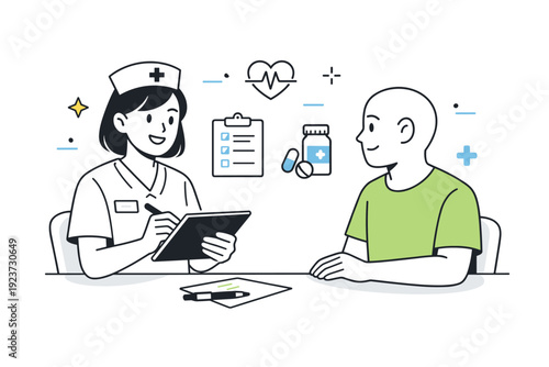 Medical consultation. Nurse recording patient information on a tablet while maintaining friendly eye contact, peaceful and professional