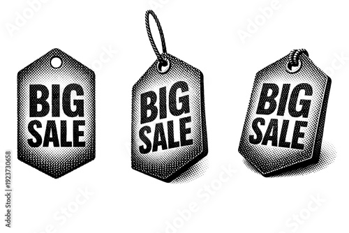 Seasonal promotion tag depicted as one object displayed in three views: flat view, hanging angled view, and three-quarter perspective view focusing on shape