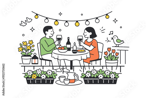 Spring holiday balcony celebration. A cozy editorial scene with a small balcony decorated with flowers, lights, and simple tableware, showing a relaxed