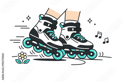 Spring rollerblade cruising. Close-up moment of rollerblades in motion, wheels rolling over smooth pavement, dynamic lines emphasizing rhythm