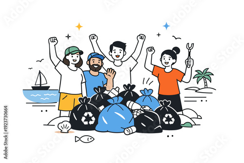 Ocean clean-up projects. Community members celebrating collected waste bags near the shore, feeling accomplishment and optimism. Positive