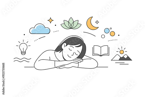 Intentional rest visuals. A peaceful composition with a resting figure and abstract calm symbols floating nearby. Mental clarity, softness,