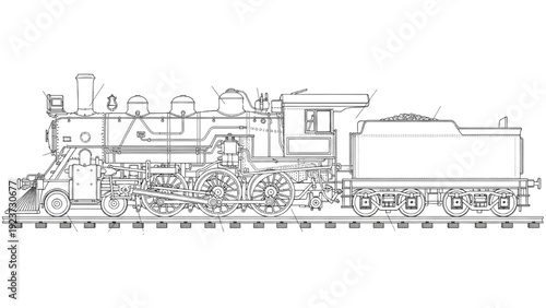 Detailed vehicle autocad blueprint of a steam locomotive on railway tracks in a technical isometric view