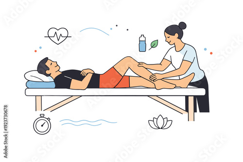 Calm Sports Recovery. Sports massage recovery session. An athlete lying relaxed on a massage table while a therapist works gently on legs, shown with simple