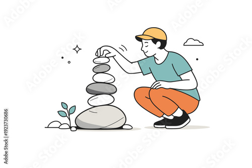 Rock balancing art. A person placing the final stone on a balanced stack, moving slowly and deliberately. The scene conveys patience,