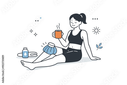 Post-workout contrast recovery. Minimal scene with ice pack, warm drink, and relaxed posture, expressing muscle care and restoration. Quiet comfort and body
