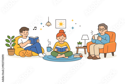 Flat cartoon style illustration. A cozy lifestyle scene with characters relaxing, reading, or drinking coffee in a simple interior. Warm, friendly feeling with