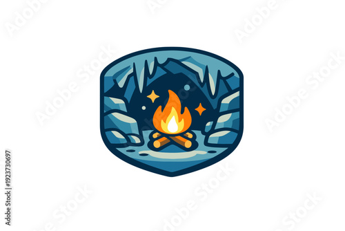 Cave environment illustrated through a compact badge with rocks, stalactites, and a small light source expressing shelter and natural