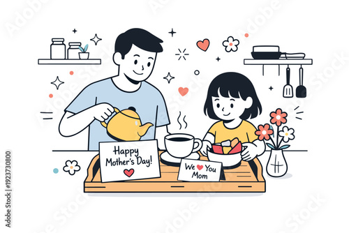 Mother?s Day breakfast prep. A calm morning kitchen scene where a partner and child prepare a simple tray of tea and fruit, with handwritten