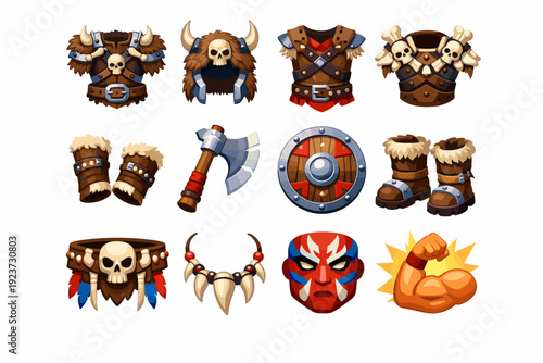 Fantasy armor. Colorful flat vector icons set of Fantasy armor: barbarian armor, fur helmet, leather chest armor, bone pauldrons, wrist