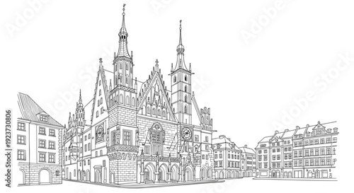 Historic european architecture in detailed line art of gothic urban scene