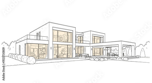 Modern linear architectural drawing of a contemporary house exterior