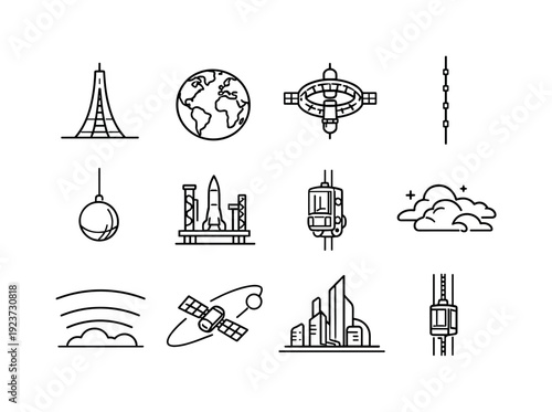 Space elevators. Line outline icon set of space elevators: space elevator tower, Earth globe