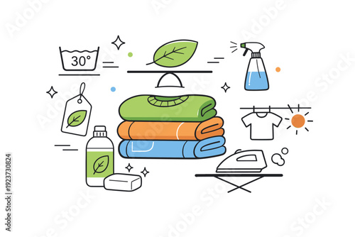 Sustainable fashion care routines. Abstract editorial scene with folded clothes, leaf symbols, and washing icons arranged in balance. Clean eco-conscious