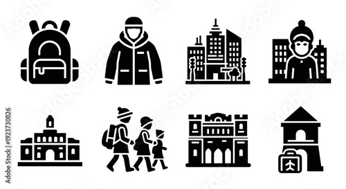 Set of black silhouette icons: travel, architecture, people, and city life