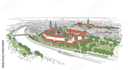 Detailed linear drawing of a historic european cityscape with castle and river