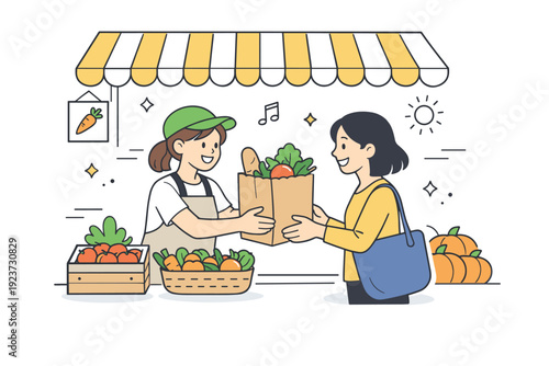 Seasonal outdoor markets strolling. A friendly interaction scene with a vendor handing a paper bag of produce to a smiling customer. Human