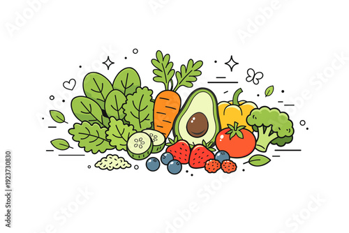 Healthy food ? fresh ingredients. Whole foods like leafy greens, berries, and vegetables displayed simply, expressing freshness and natural