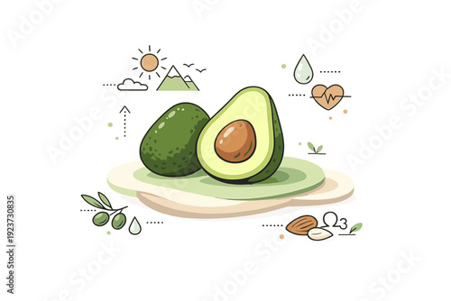 Ingredient focus editorial scene. A main ingredient placed on a soft abstract platform with small icons suggesting origin or benefits. Calm