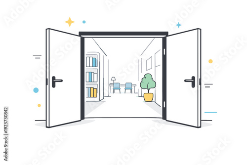 Open doors in public. Open door of a library or office corridor, soft light beyond the threshold. Transition into silence, neutral