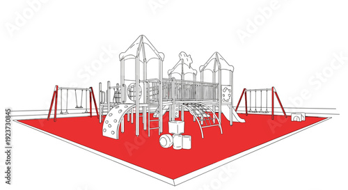Modern linear playground design with swings and slides on red