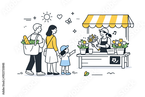 Spring farmers market. Family walking with a tote bag full of greens and bread, stopping at a flower stand. Gentle lifestyle moment with