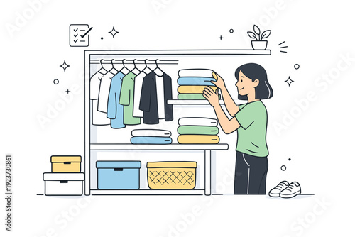 Home organization routine. A wardrobe with evenly spaced hangers, folded stacks, and a relaxed character adjusting details. Calm atmosphere