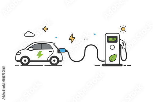 Electric vehicle charging set. Minimal scene with an electric car, charging cable, and charging station arranged as a clean editorial