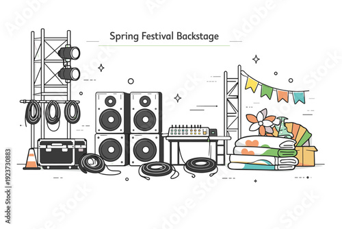 Spring festival backstage setup. A clean view behind the stage with light scaffolding, cables, speakers, and folded decorations prepared for