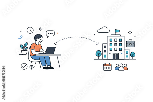 Hybrid work concepts. A person works on a laptop at home while an office building icon appears nearby, connected by dotted lines. Calm balance between remote