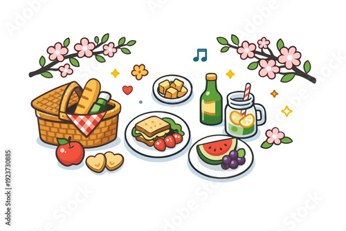 Spring picnic flat lay a top view of a basket, plates, and drinks neatly arranged with blooming branches, expressing harmony, comfort, and