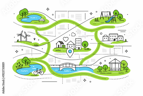 City parks and green corridors. Abstract overview of a city map with green pathways linking parks and neighborhoods. Clear structure and
