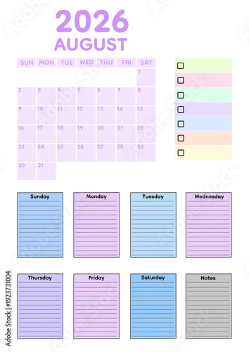 Soft pastel August 2026calendar featuring purple and blue tones with clean monthly grid,weekly planner pages,checklist section,and notes area.Minimal aesthetic style isolated on transparent background