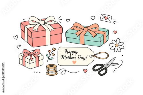 Mother?s Day gift wrapping details. A calm editorial scene with neatly wrapped gift boxes, soft ribbons, and a handwritten tag arranged with