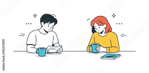 Avoided eye contact moments. Two people sit across a table, glancing at papers or cups instead of each other. Gentle awkward pause during a
