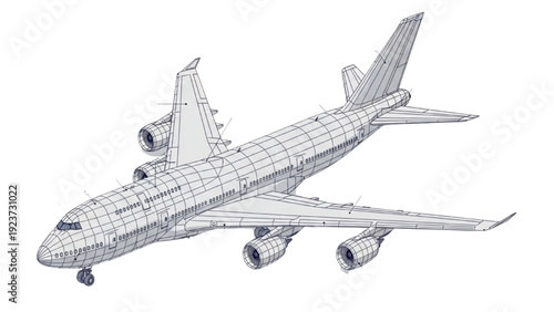 A detailed vehicle autocad blueprint of an airplane in wireframe viewed from the side