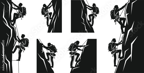 Set of black silhouettes featuring rock climbers with backpacks and ropes scaling steep mountain cliffs for extreme sports adventure and outdoor recreation concepts