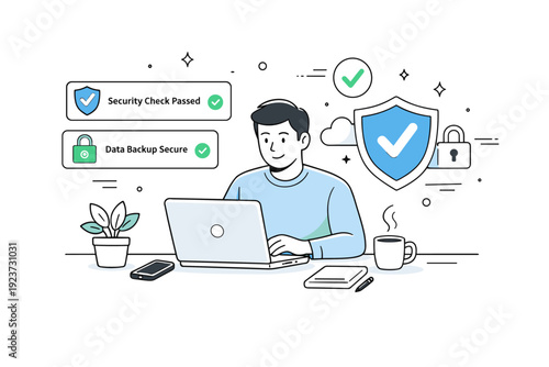 Data privacy and cybersecurity. A calm workspace scene with security notifications marked as safe. Feeling of reassurance and digital confidence with clean