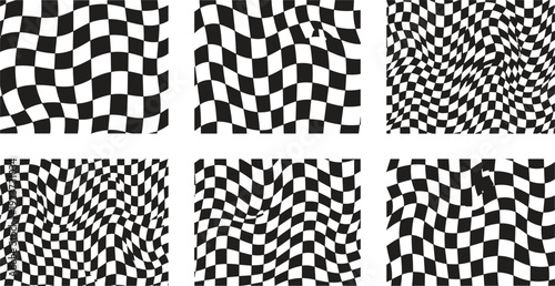 Six variations of optical illusion checkerboard patterns with geometric distortions