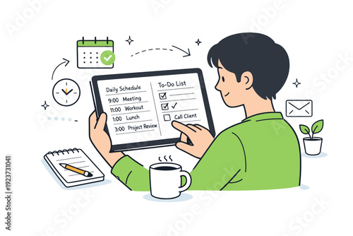 Digital calendar management habits illustration. Person checking a tablet with daily schedule and to-do list, calm and organized atmosphere. Friendly
