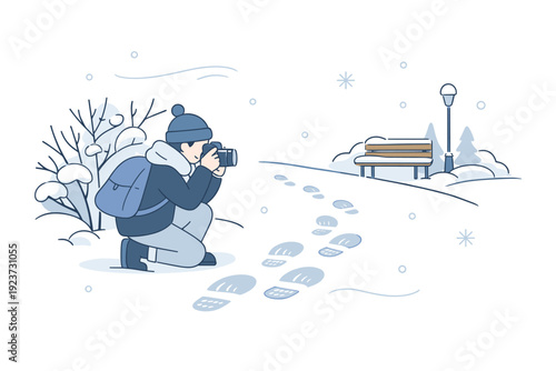 Capturing winter details. A person photographing snow-covered branches or footprints along a park trail. Mindful attention, texture, and
