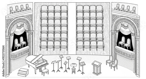 Detailed black and white illustration of a concert hall with musical instruments.