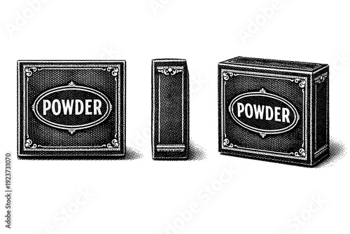 Halftone Powder Box. Powder box packaging. A square powder box package with centered logo and decorative margins is shown from three different angles: front