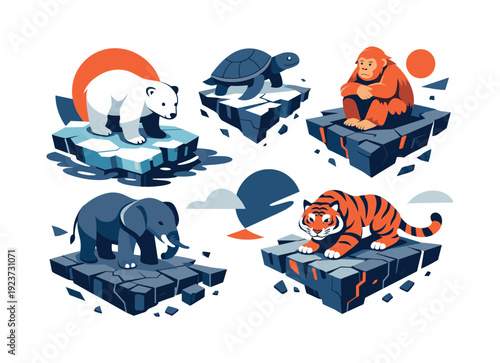 Vanishing habitats. Endangered animals standing on shrinking land shapes, cracks and fading