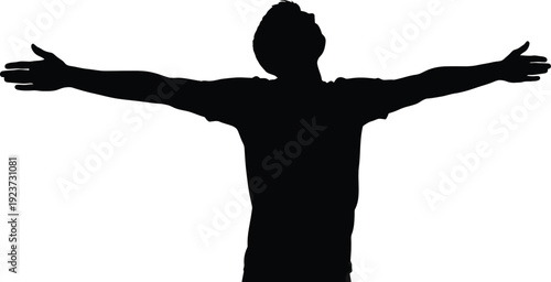 Man's silhouette embraces open sky with arms spread wide in joyful.