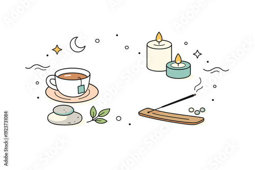 Mindful Ritual Setup. Mindful ritual setup. Flat lay of candles, tea cup, and simple decorative elements arranged with generous white space. Peaceful pause and