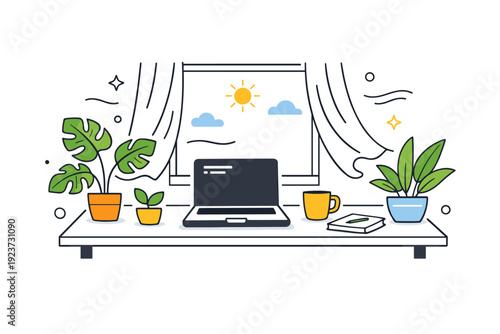 Summer desk setups with plants. Minimal desk by a window with tropical plants, laptop open and curtains moving slightly. Light summer breeze feeling with