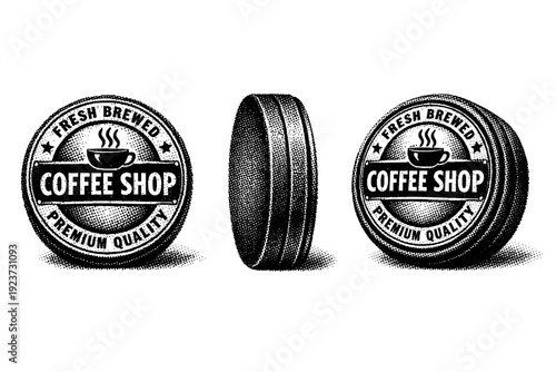 Coffee shop stamp logo. A realistic coffee shop stamp logo shown as a single object from three different angles: front view, side view, and