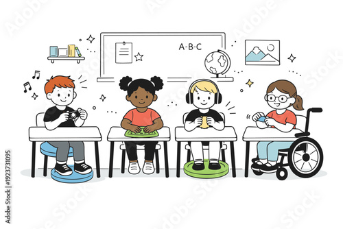Inclusive classroom sensory tools. A calm classroom scene with children using fidget tools, textured pads, and wobble cushions at their